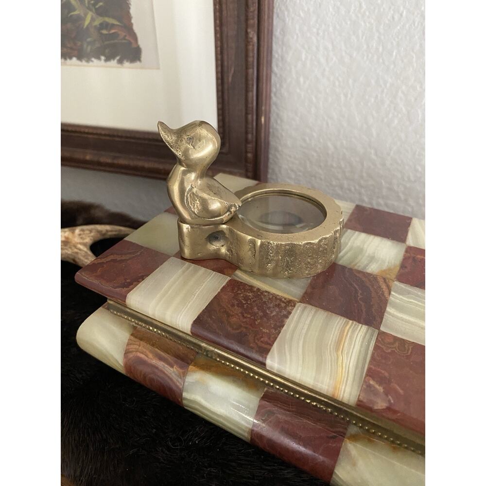 Vintage Midcentury Brass Magnifying Glass Duck on a Stump Magnifying Glass
